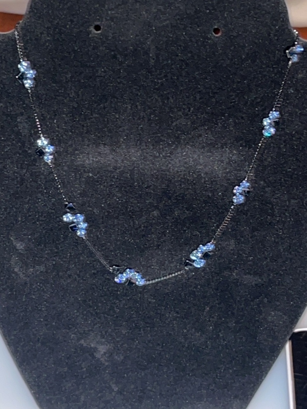 Givenchy Retired Signed Crystal Station Necklace Black Clear Silver Tone
